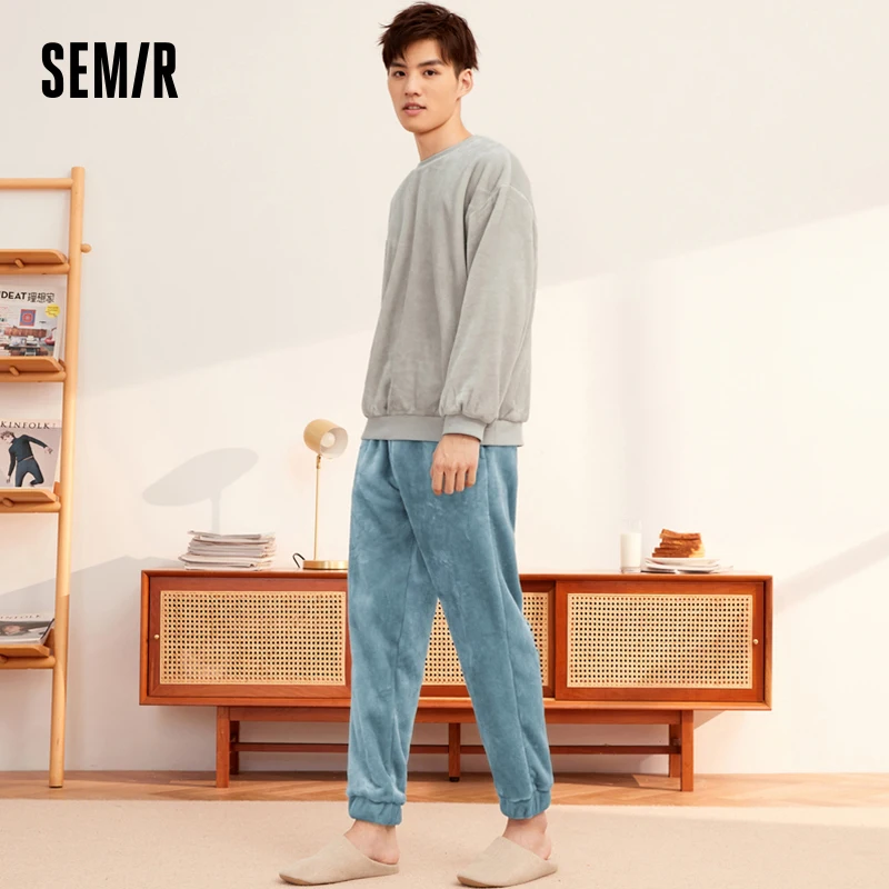 Semir Pajamas Men Flannel Autumn and Winter Coral Velvet Plus Velvet Warm Soft Trousers for Home Wear