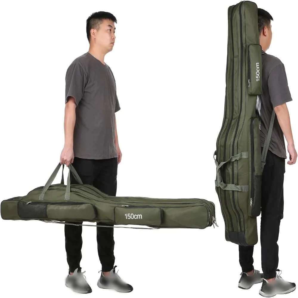 with Tackle Box Fishing Rod Case Oxford Fabric Large Compartments Fishing Rod Bag Folding Pole Reel Storage Bag Outdoor Use