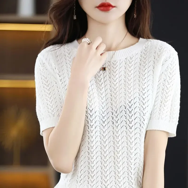 Ice Silk Short-sleeved T-shirt Women Summer Thin New Loose Hollow Inner Versatile Knitted Base Shirt
