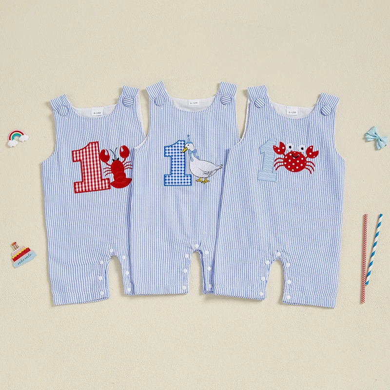 

2025-02-18 Lioraitiin Baby Boy 1st Birthday Overalls Number Animal Embroidery Sleeveless Round Neck Jumpsuit