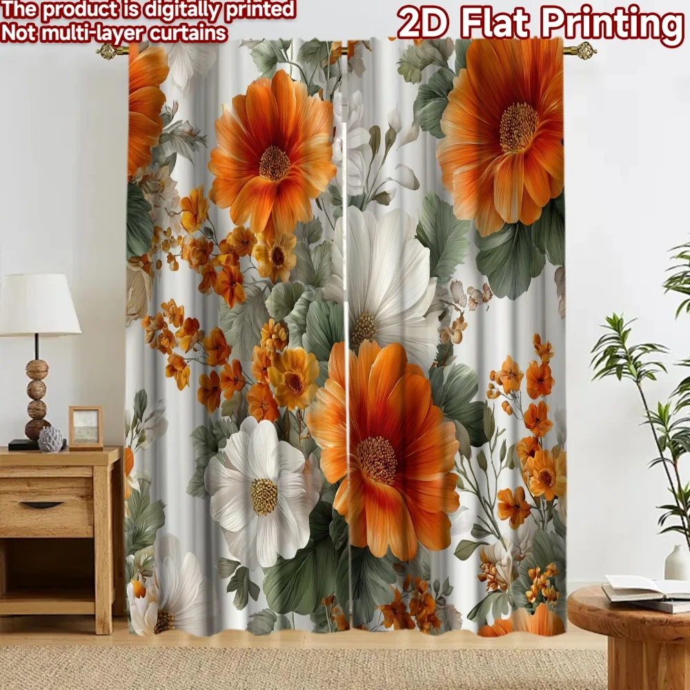 2D flat 2pcs Curtain Modern Minimalist Style Curtains Orange White Floral Bouquet Digitally printed polyester, colorfast Festive
