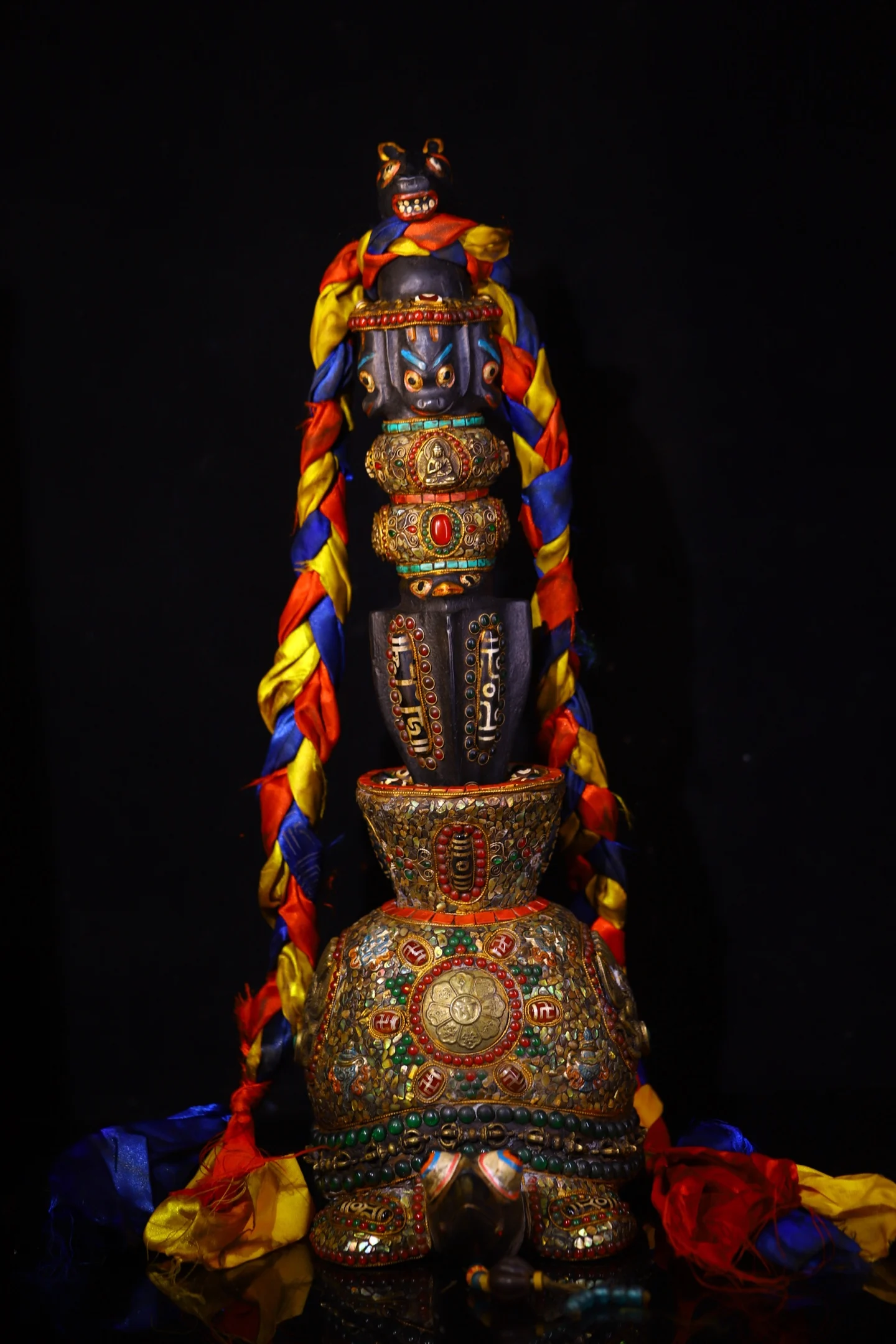 

20"Tibetan Temple Collection Old Natural Meteorite Mosaic Gem gZi Beads Shell Hayagriva Buddha Vajra Phurpa Turtle Base Amulet