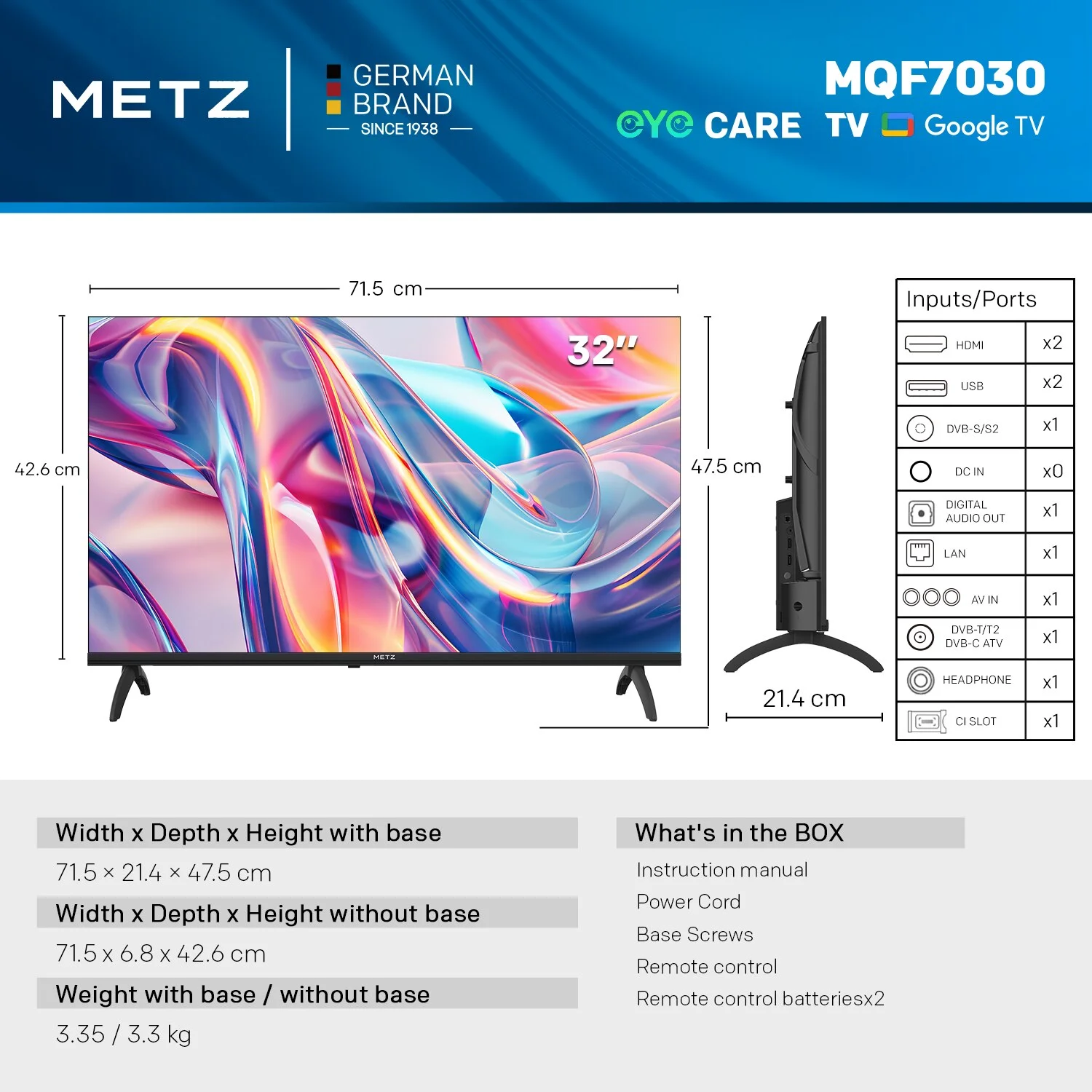 Metz QLED TV 32 pulgadas televisor LED inteligente Google Tele HDR 10 Dolby Audio Bluetooth 5,1 sintonizador de cuidado de los ojos 2025 32 MQF7030Z