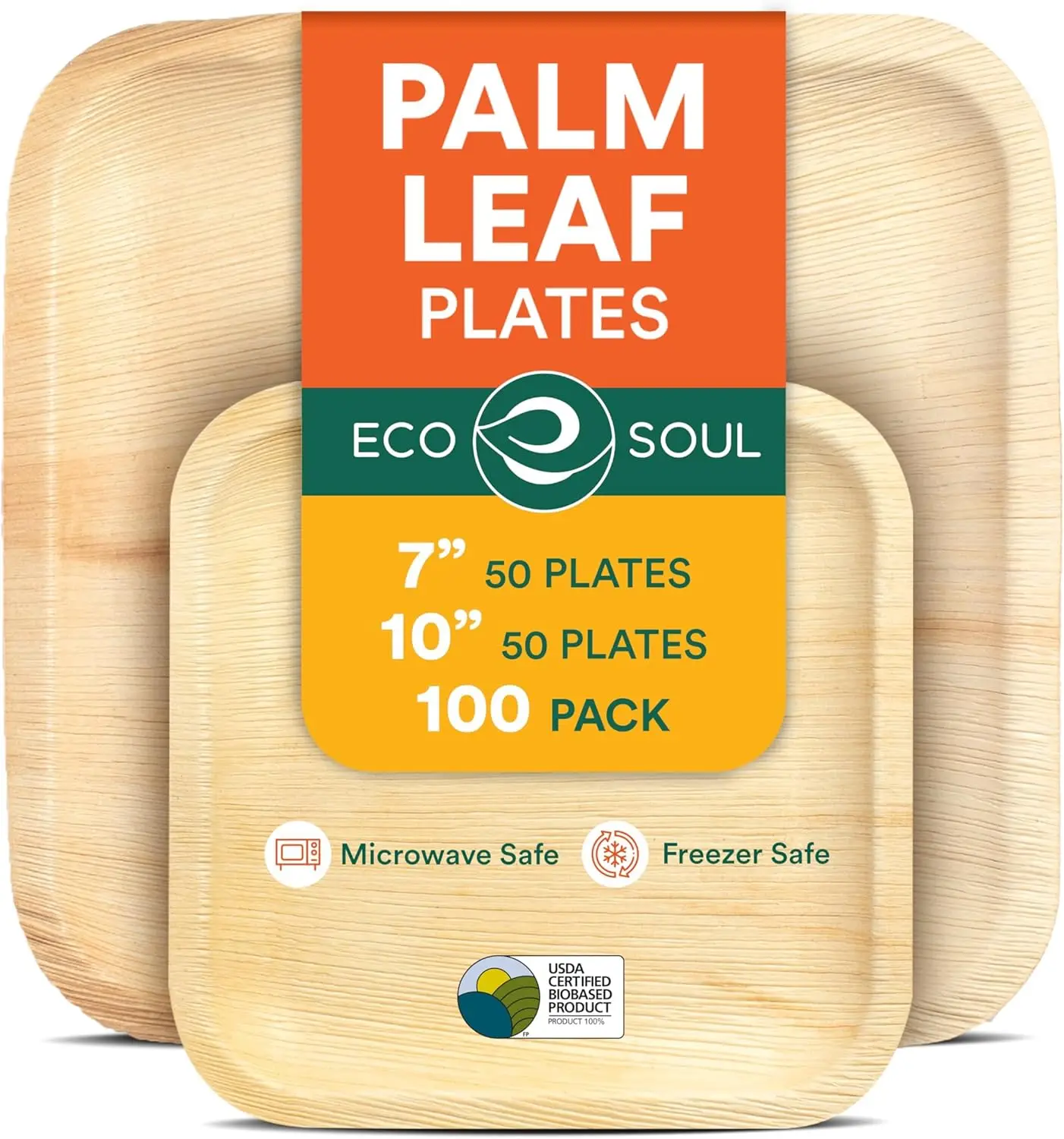 

Compostable Palm Leaf Square Plates 7" & 10" (100 Count) - Eco-Friendly Disposable for Parties, Weddings & Events