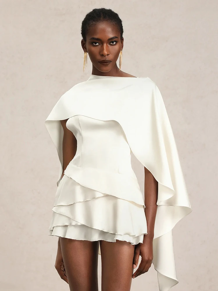 القطب الشمالي القط أنيقة بلا أكمام كيب الساتان فستان غير منتظم المرأة مثير عارية الذراعين سليم كشكش صغير نادي الحفلات فستان سهرة فستان رسمي