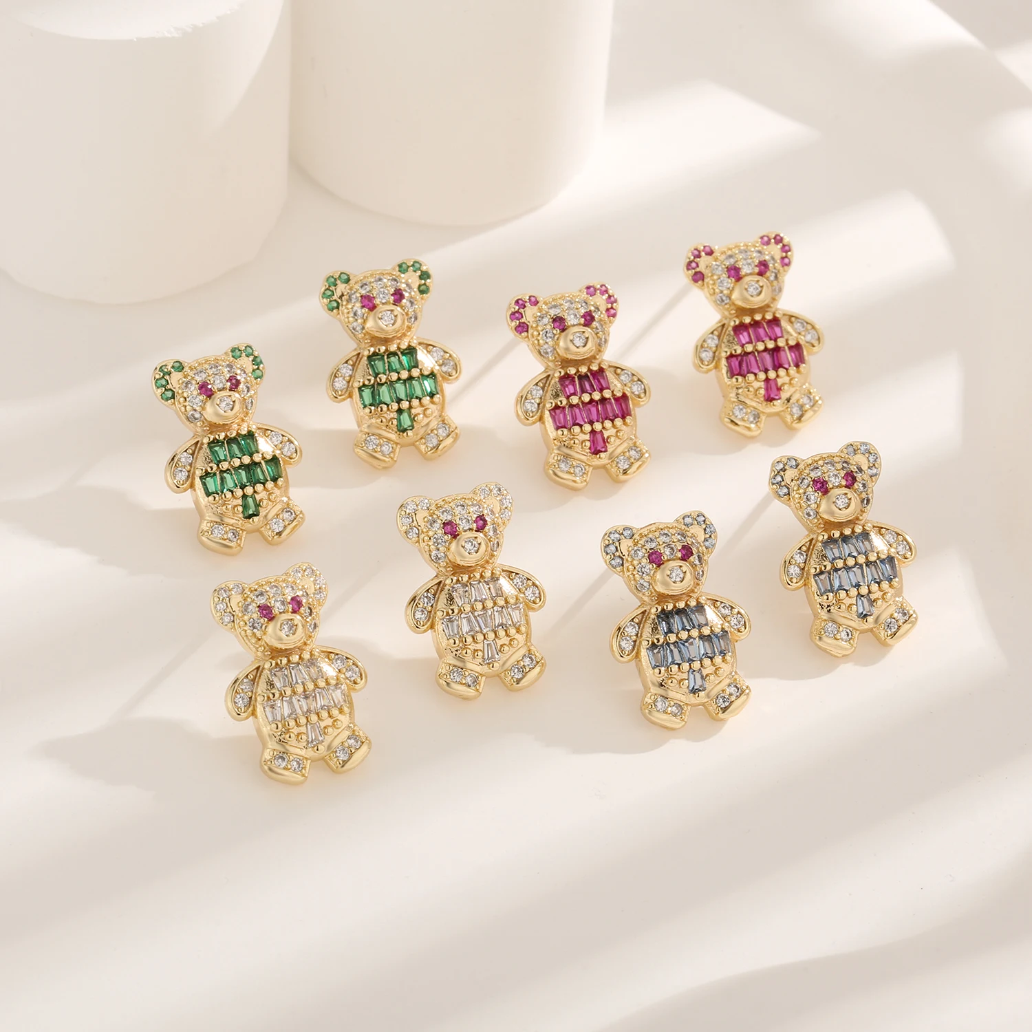 Brand new original 14k gold plated fashion colorful red eyes cute teddy bear earrings for girls animal jewelry