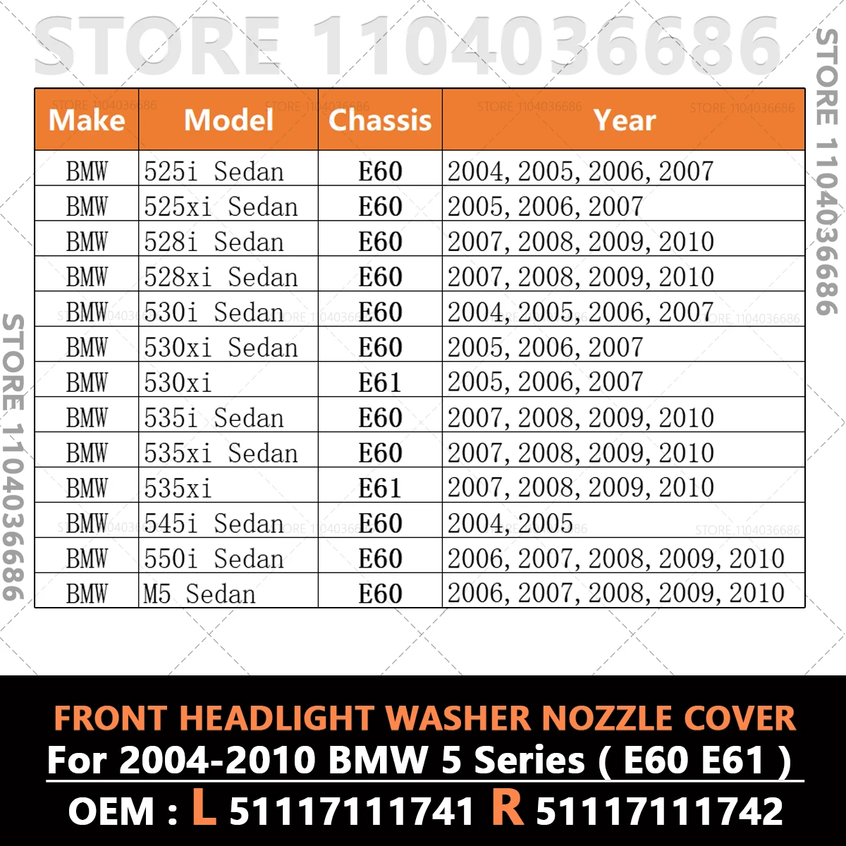 For 2004 2005 2006 2007 2008 2009 2010 BMW 525i 528i 530i 530i 535i 545i 550i M5 E60 E61 Front Headlight Washer Nozzle Cover - view 2