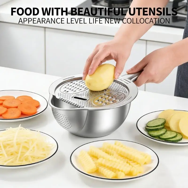  Multipurpose Steel Rice And Vegetable Strainer Small Colander Bowl Washing Container with Grater For Healthy Cooking