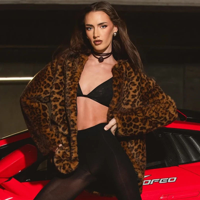 女性ヒョウ柄フェイクファーコート冬暖かいジャケットアウター長袖ファッションストリートエレガントカジュアルふわふわショートコート