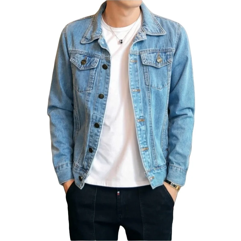 

Spring Autumn Men's Oversized Jean Jacket Solid Color Fashion Slim Fit Casual Motorcycle Jacket Lapel Long Sleeve Denim Coat