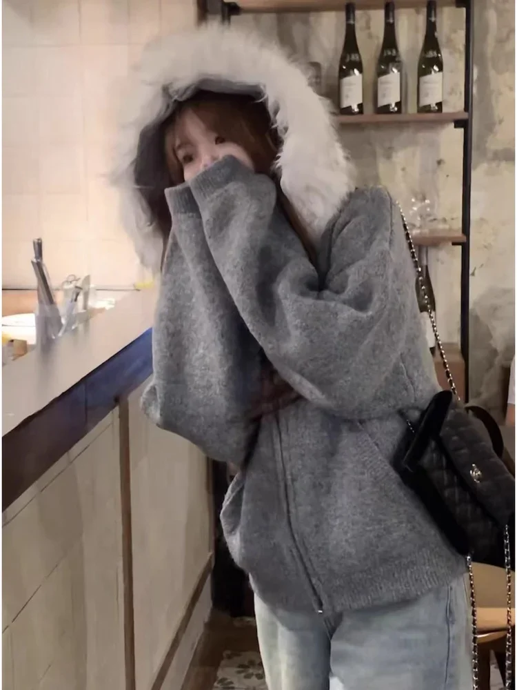 

Women's Autumn Winter Soft Lazy Sle Zipper Raccoon Velvet Open Cardigan Fur Collar Hooded Knitted Sweater Coat