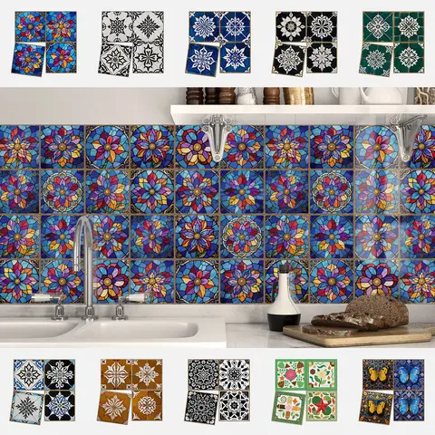 48Pcs 10/15/20cm Retro  Floral Tile Stickers Waterproof Peel & Stick for Kitchen Bathroom Living Room Home Decor
