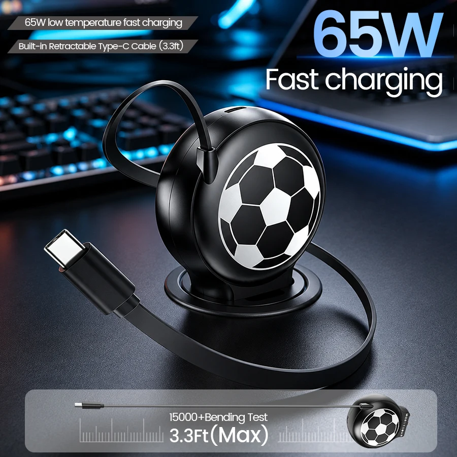 65W GaN Charger with Retractable USB-C Cable, 2-Port Desktop /Wall Charger, PD GaN Fast Charger, 3.3ft Retractable USB-C Cable, Compact Design, Dual USB-C Ports for iPhone, Laptops & Tablets