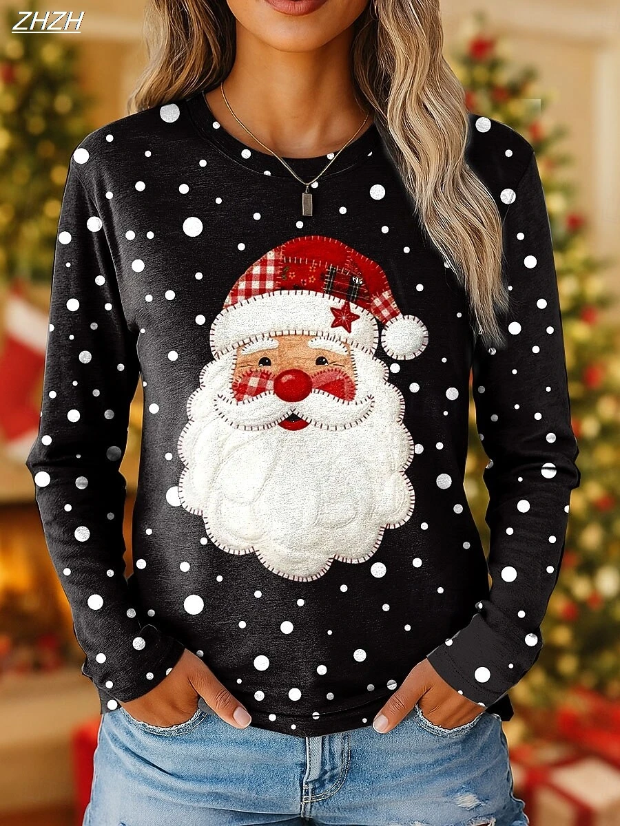 تي شيرت نسائي كلاسيكي بطبعة سانتا بأكمام طويلة، برقبة دائرية احتفالية، نمط كاجوال للعطلات، تي شيرت موسمي للخريف والشتاء