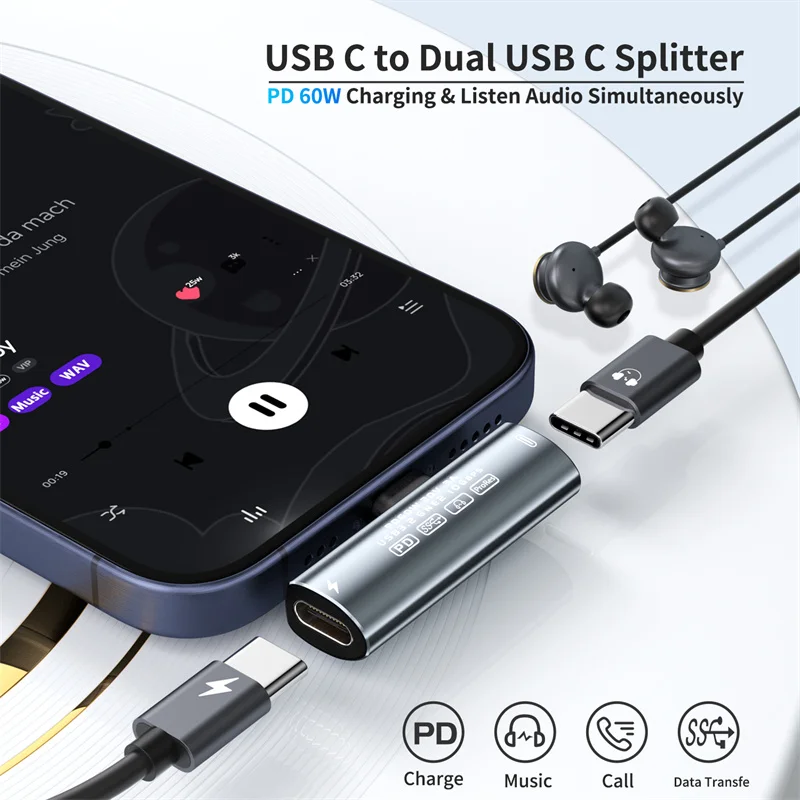 Adapter audio 2 w 1 typu C PD60W USB C na podwójny konwerter ładowania typu c Kabel USB3.2 10 Gb/s Transfer danych Złącze USB-C