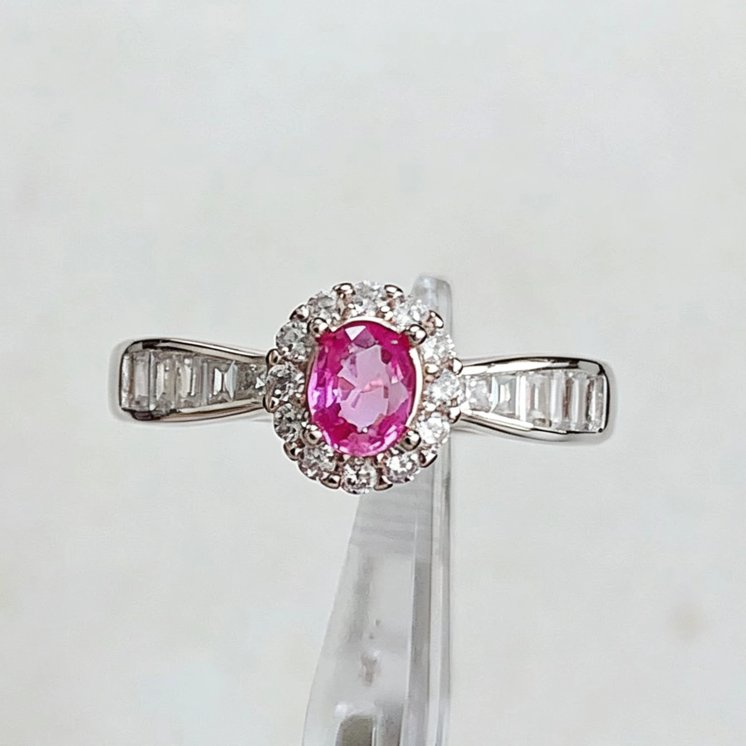 925 Sterling Silver Natural Pink Sapphire Ring Certified Oval Pink Gemstone Halo Baguette Accent Fine Jewelry Gift for Women