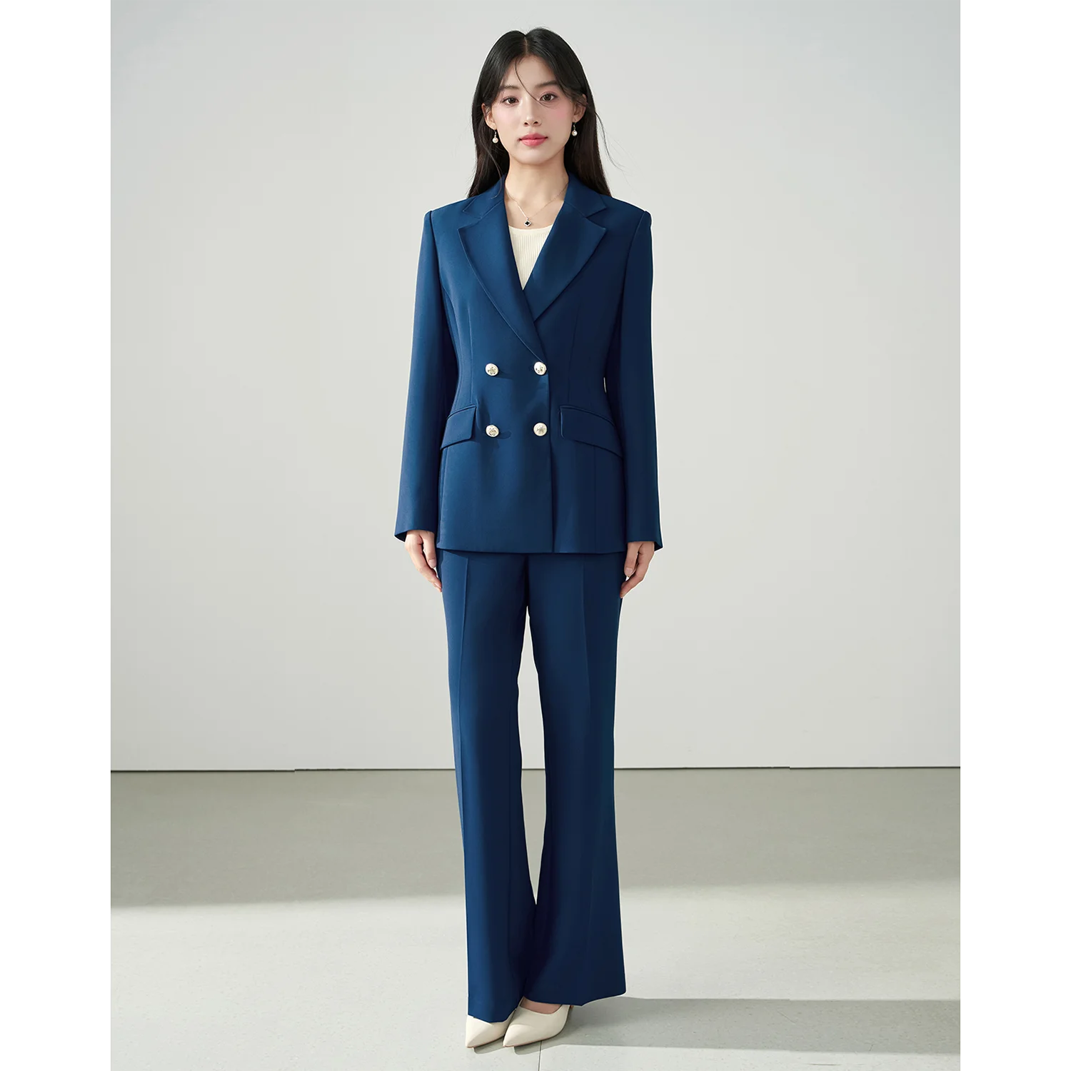 Allingentle Blaues 2-teiliges Set für Damen, zweireihige Jacke, modisches Damen-Hosenanzug-Set für Büro-Outfits, individuell anpassbar