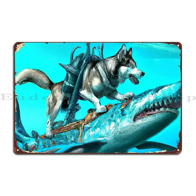 A Husky Riding Shark Underwater Mamma Ocean Husky Water Metal Signs Club Custom Pub Wall Decor Mural Tin Sign Poster