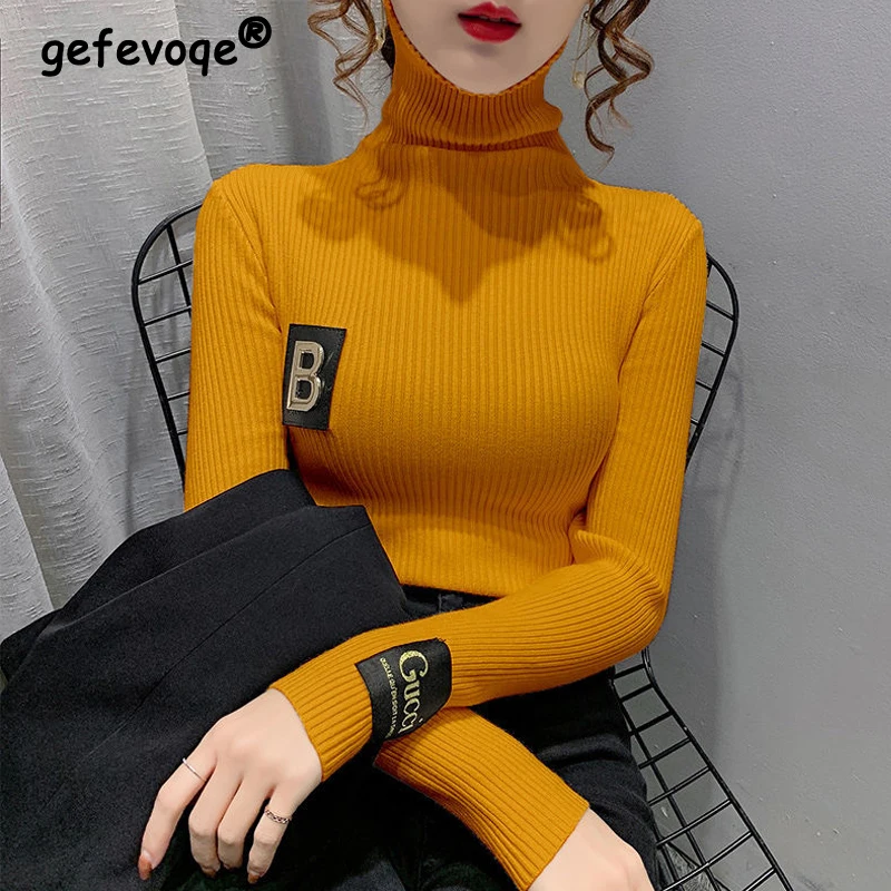 Women Korean Fashion Appliques Turtleneck Elegant Basic Knitwear 2023 Autumn Winter Solid Long Sleeve Slim Pullover Tops Jumpers