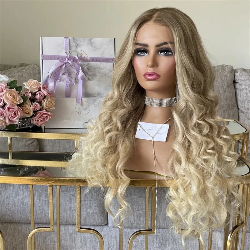 

Длинный глубокий вьющийся парик Ombre Blonde Цветной HD Кружевной передний бесклеевой синтетический парик из смеси человеческих волос Женский парик Предварительно выщипанная линия волос