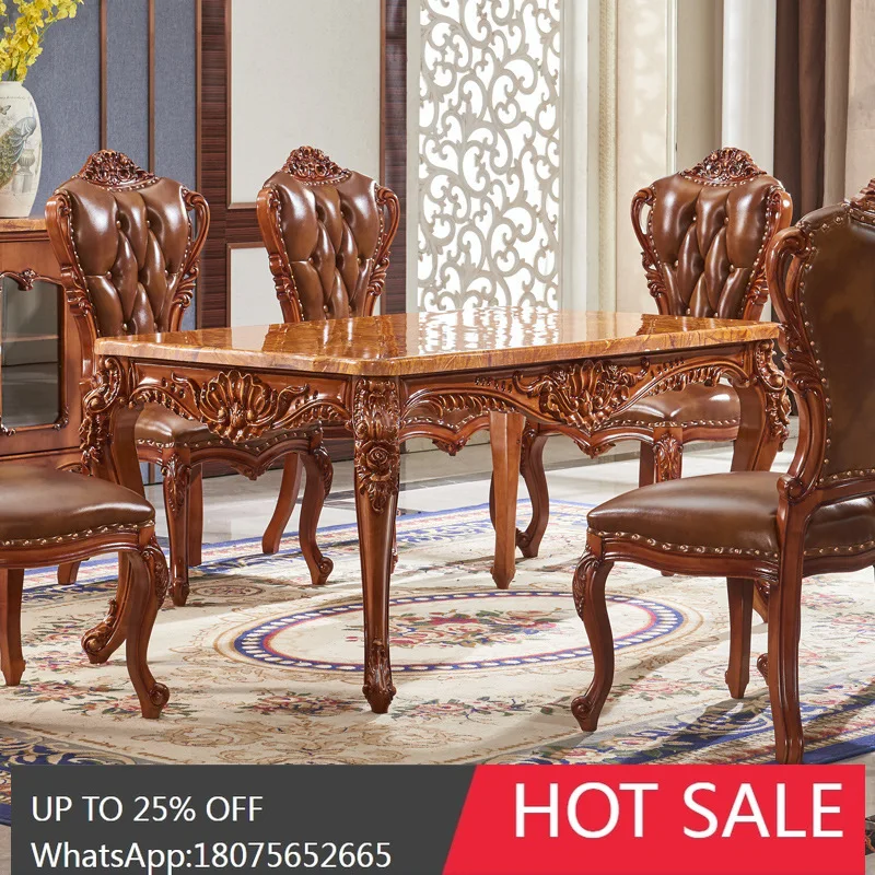 MJY European Style Solid Wood Dining Table with Marble Top, Long Dining Table with Six Chairs