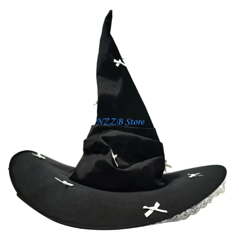 

T21F Shapeable Black Witch Hat With Lace Trim and Bowknot Design for Halloween Party