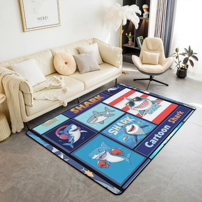 

Cartoon Shark Area Rug Cool Ocean Fish Decorative Rug for Kids Teens Adults Funny Style Rugs Cute Undersea Animal Decorative Rug