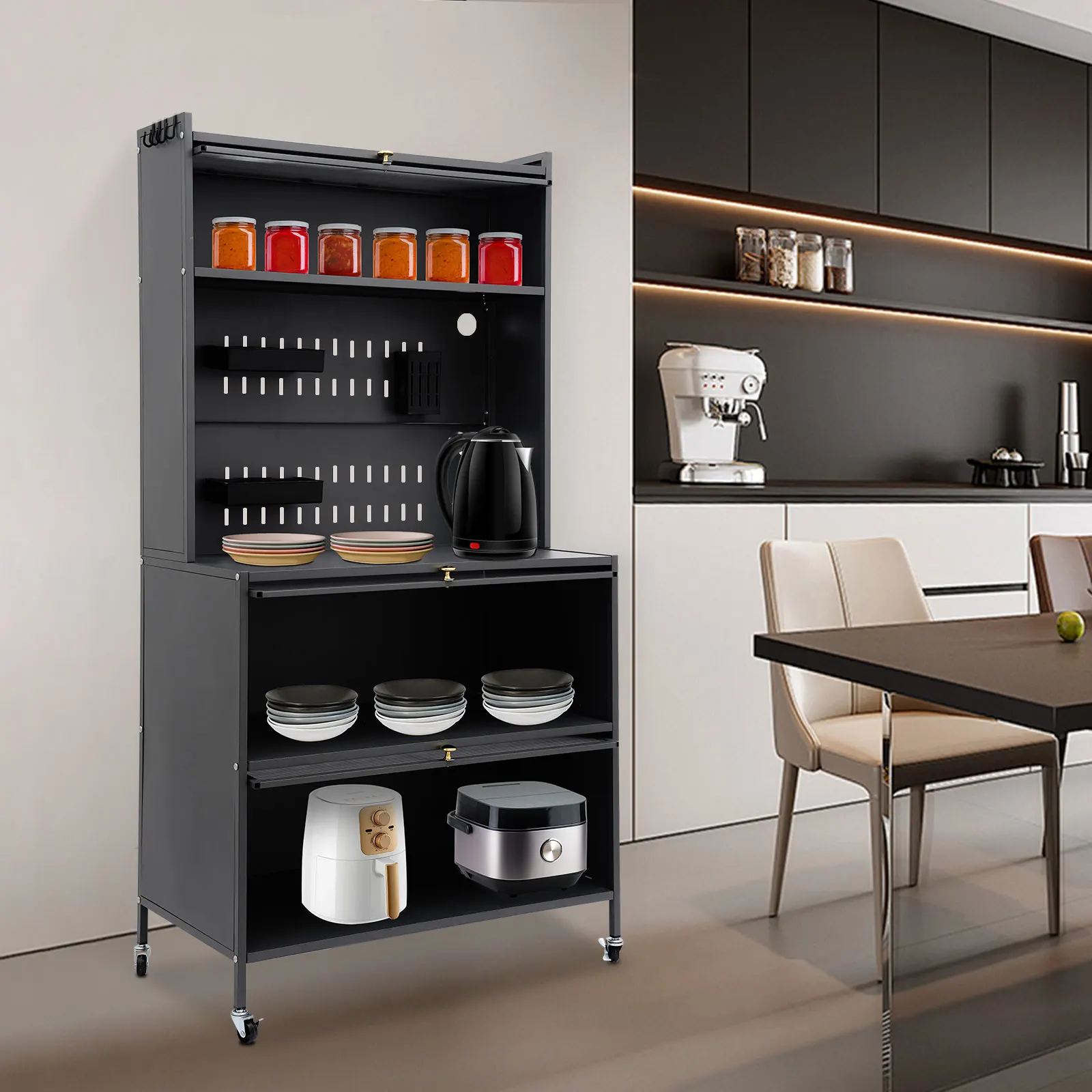 

5-Tier Bakers Rack for Kitchen Storage Side Cabinet Multifunctional Microwave Stand with Storage Cabinets with Flip Door
