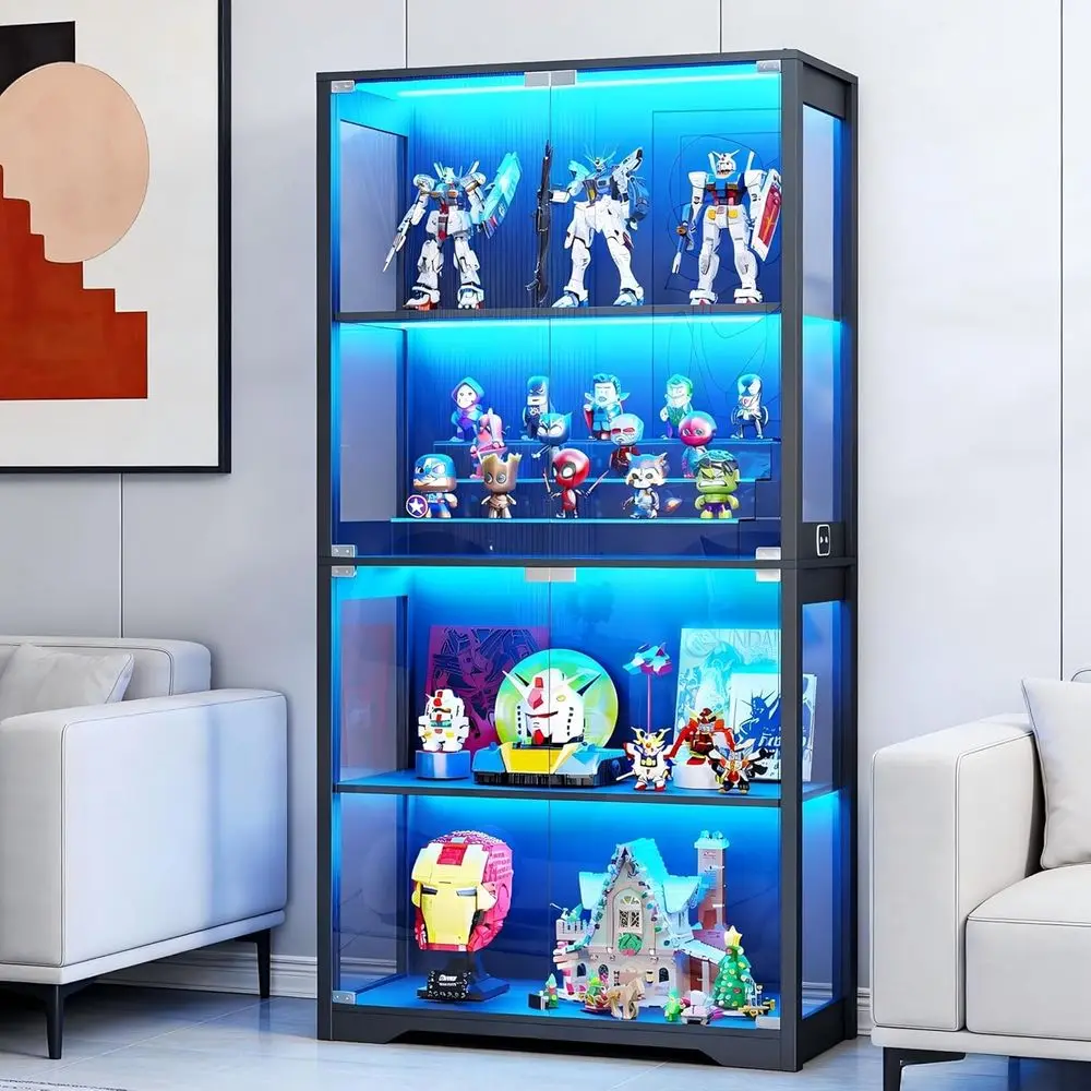 Glass-Door Display Cabinet with 3 LED Lights and Motion Sensor, 4-Shelf Black Bookcase Storage Cabinet