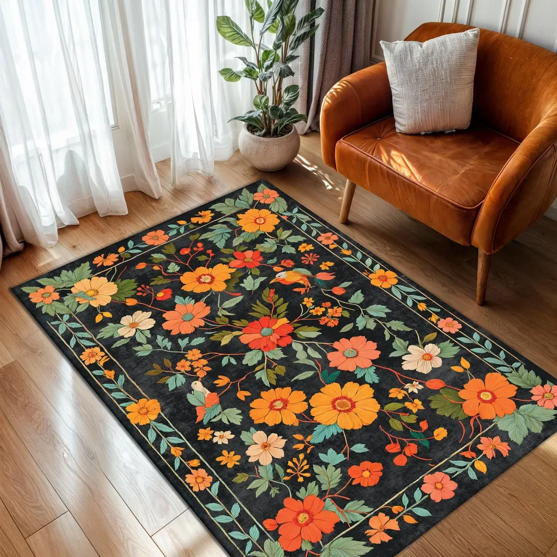Vintage Floral Rugs for Bedroom, Oriental Area Rugs for Living Room Non Slip Rose Washable Rug Carpet for Office Nursery