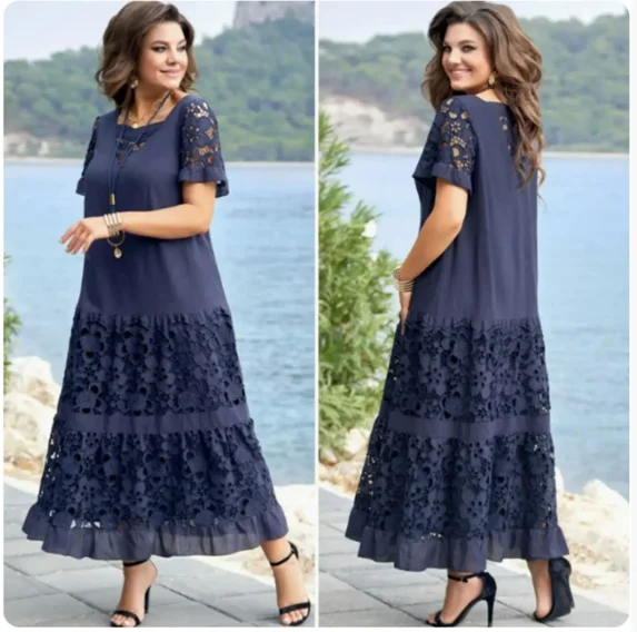 

Summer Women's Dress Solid Color Casual Fashion Patchwork Elegant Lace Short-sleeved Sexy Hollow V-neck Loose Waist Long Dress