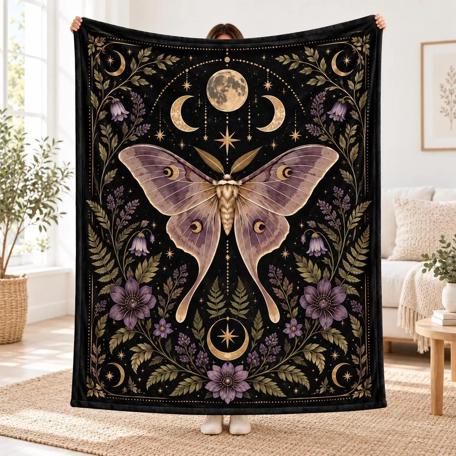[Flannel Blanket] Moth Blanket, Gothic Plant Moon Pattern Bedroom Decorative Blanket, Witch Gift for Her