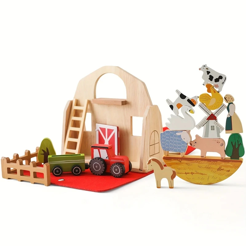 18Pcs Farm Animals Barn Toys Wooden Montessori Stacking For Toddlers Red Barn Toys Farm Pretend Playset Birthday Gift