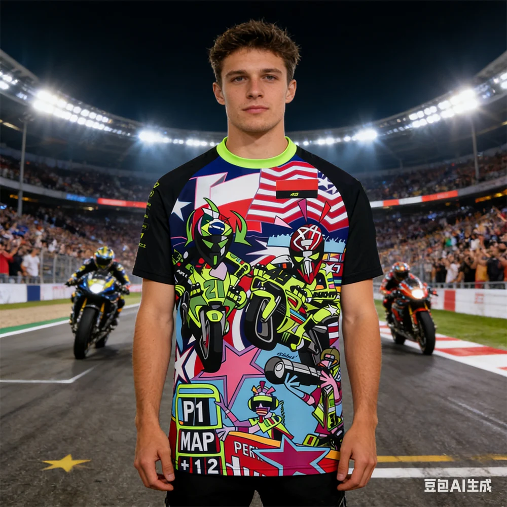 Camiseta del equipo de carreras de motos Rossi 46 generada por IA, camiseta informal con estampado de piloto de carreras de dibujos animados para hombre, camisetas de manga corta para niños para fanáticos de las motocicletas