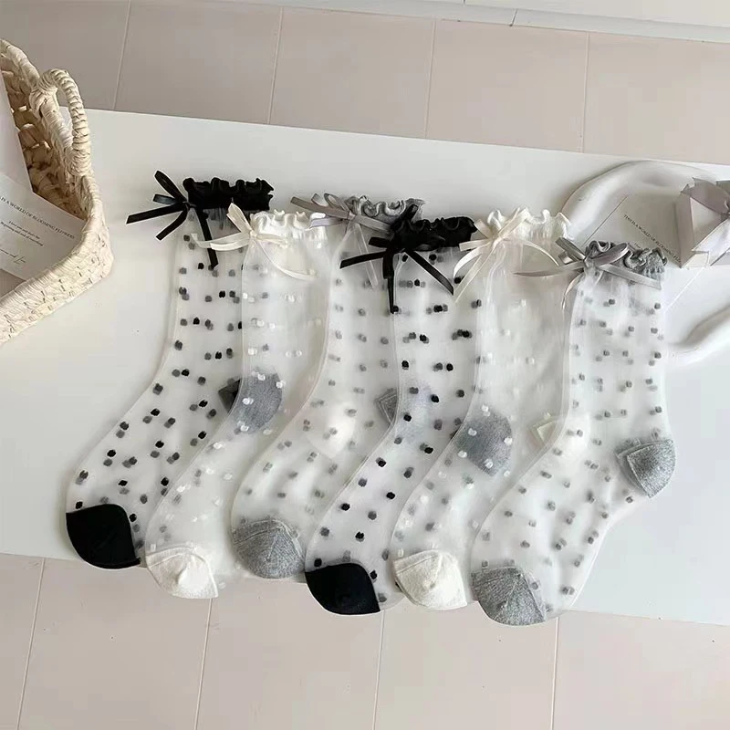 Chaussettes Lolita en dentelle pour femmes, 1 paire, tube moyen, à pois, fines, d'été, douces, transparentes, respirantes