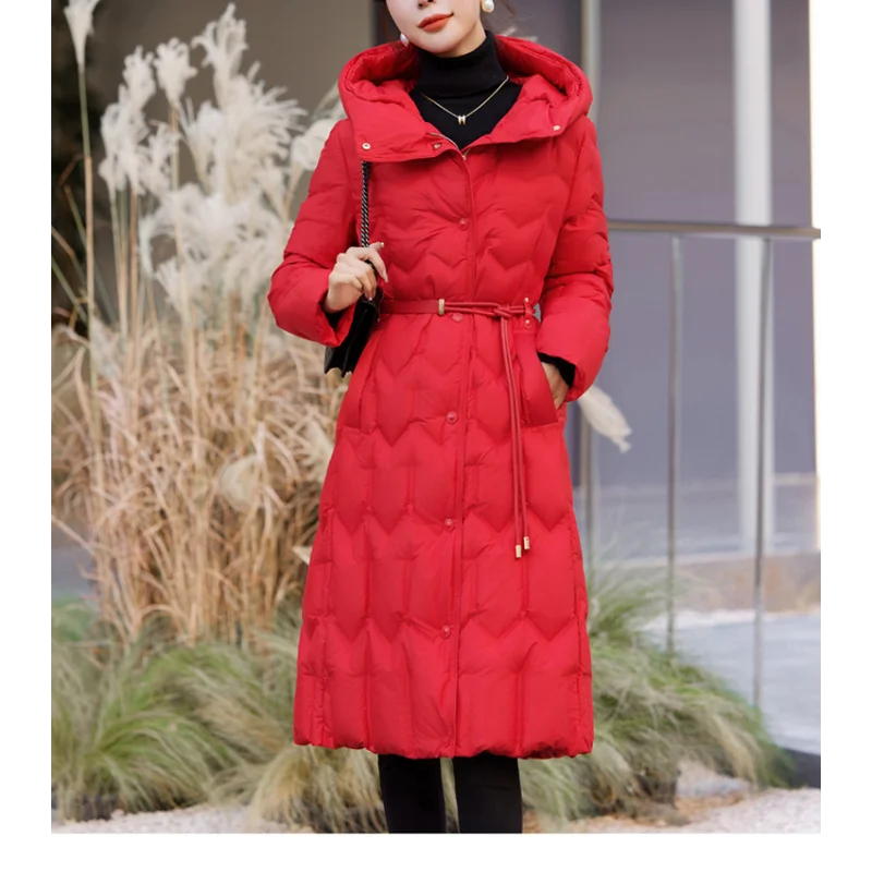 Winter Coat Female Long Girdle Slim Coats Down Puffer Coats New Upscale Hooded Parkas Outerwears Korean Style Women\'s Clothing