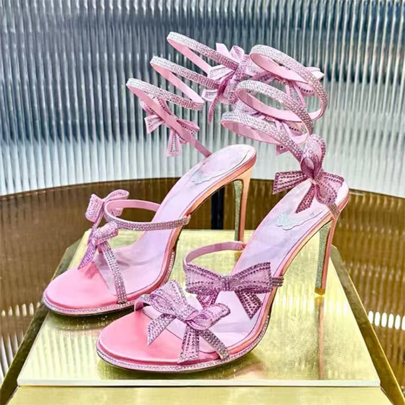 

Новые женские босоножки на высоком каблуке со стразами и узлом-бабочкой, змеиный шпагат вокруг ремешка на щиколотке, свадебные туфли, летние женские сандалии