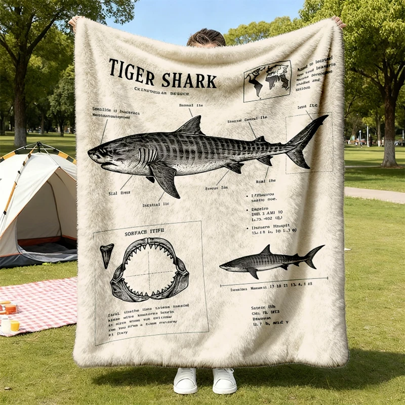 Tiger Shark Anatomy Flannel Throw Vintage Marine Illustration, Ocean Science Cozy Blanket