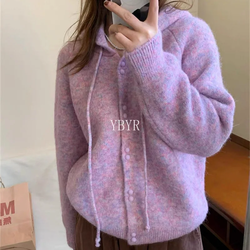 

Hooded Knitted Cardigan Women Fashion Cropped Sweater Outerwears Winter Streetwear Knitwear Korean Long Sleeve Jumpers New