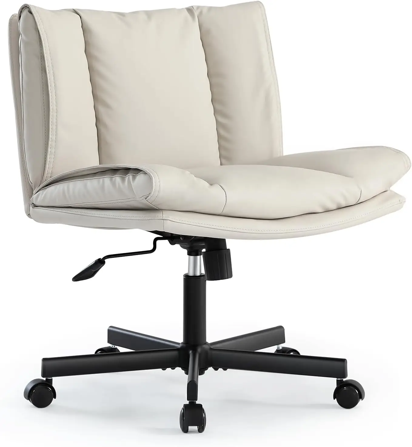 Criss Cross Legged Armless Office Chair PU Leather Home Comfy Vanity Chair Mid Back Wide Seat Fabric Padded Chair Bedroom Beige image 2