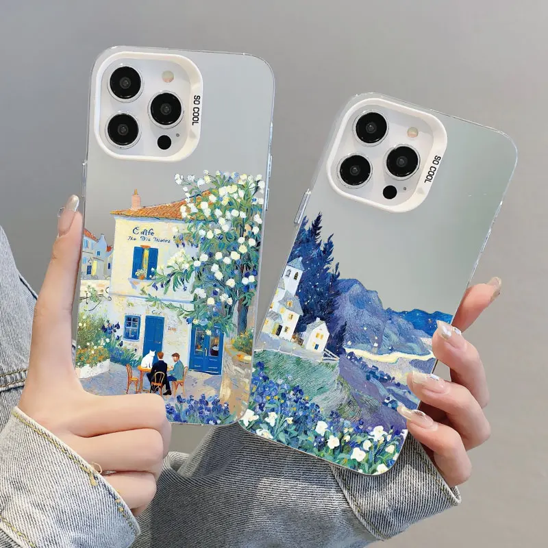 

Cute Blue Iris Flower Bloom Peaceful Cat Laser Phone Case For iPhone 11 12 13 Mini Pro Max 15 16 14 Plus Pro Max Back Cover Capa