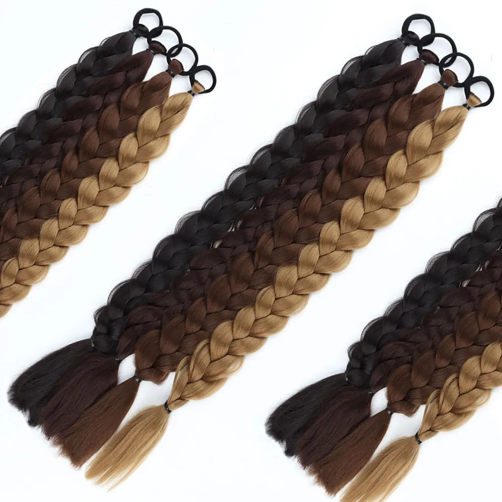 24inches Synthetic Long Braided Ponytail Hair Extensions for Women Black Brown Pony Tail with Hair Rope High Temperature Fiber