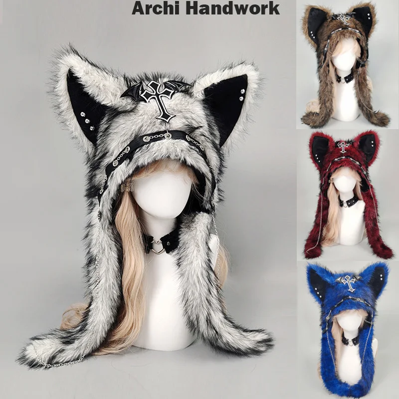 Chapéu medieval cruzado fofo, chapéu de pelúcia estilo gótico escuro, inverno picante, menina, orelha de gato, dia das bruxas, estilo punk, rock, chapéu quente