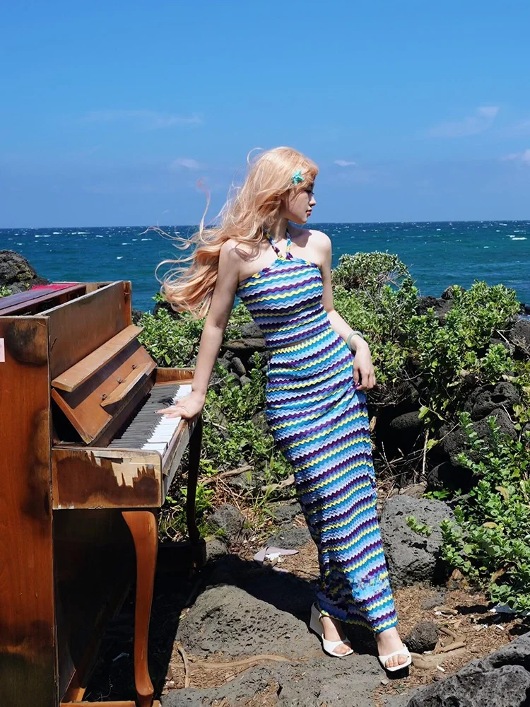 

Retro Knitted ter Top And High Waist Skirt Set Women's Summer Faion Slimming f Bodycon Dr Wave Pattern Vest Top