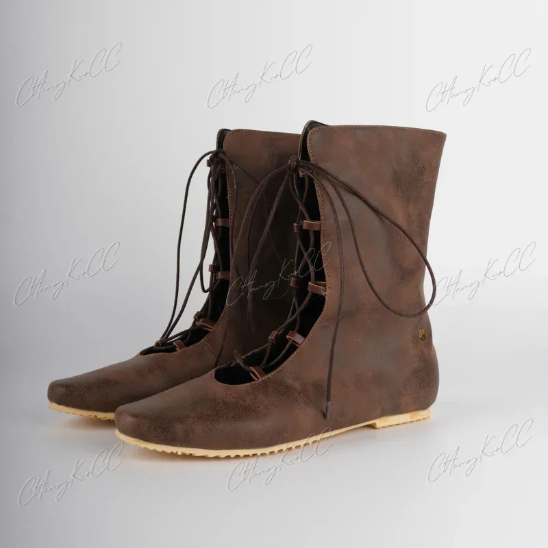 Zapatos Lolita Vintage Steampunk medievales para mujeres y hombres, botas de cuero con cordones cruzados, elfo, cazador, Reina, Cosplay, accesorios de escenario