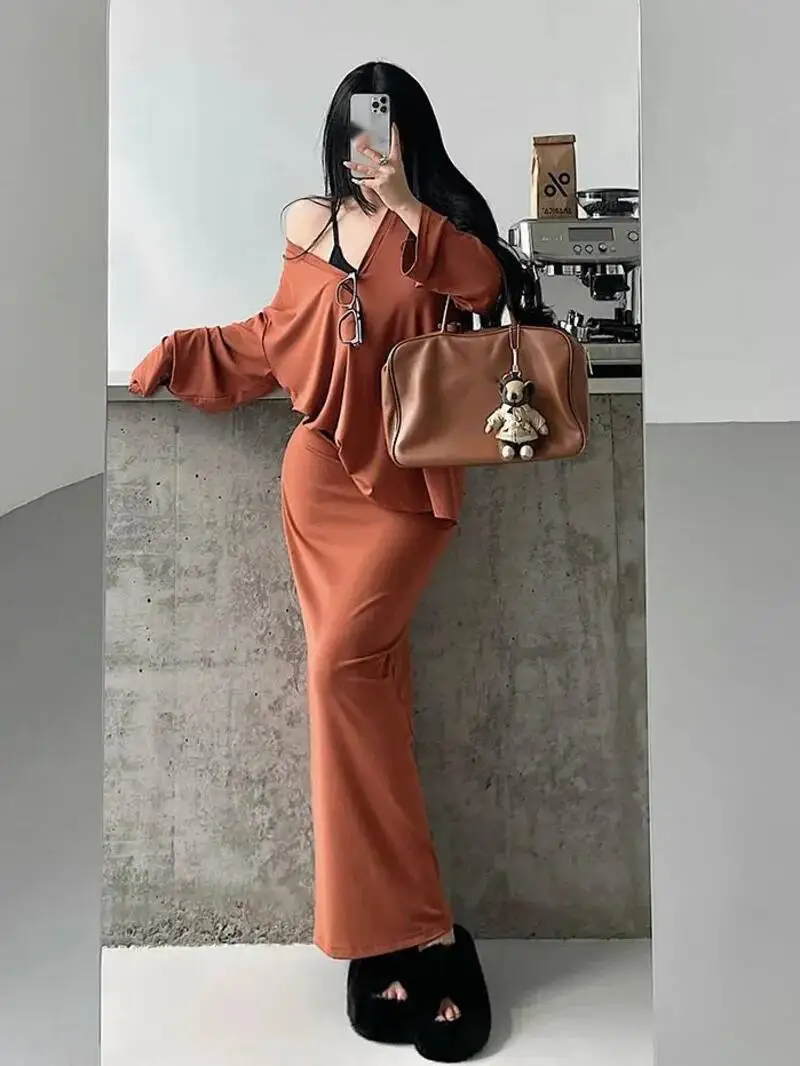 Luie Stijl Grote V-hals Losse T-shirt Top Hoge Taille Lange Zoete Mode Vrouwen Jurk Elegante 2025 Nieuwe Zoete Tops Mode 7IZY