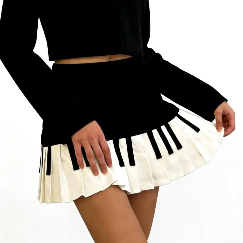 Spring Black White Spliced Women Short Skirt Y2k Slim Design Harajuku Mini Skirt Female Empire Korea Style Chic Piano Skirt