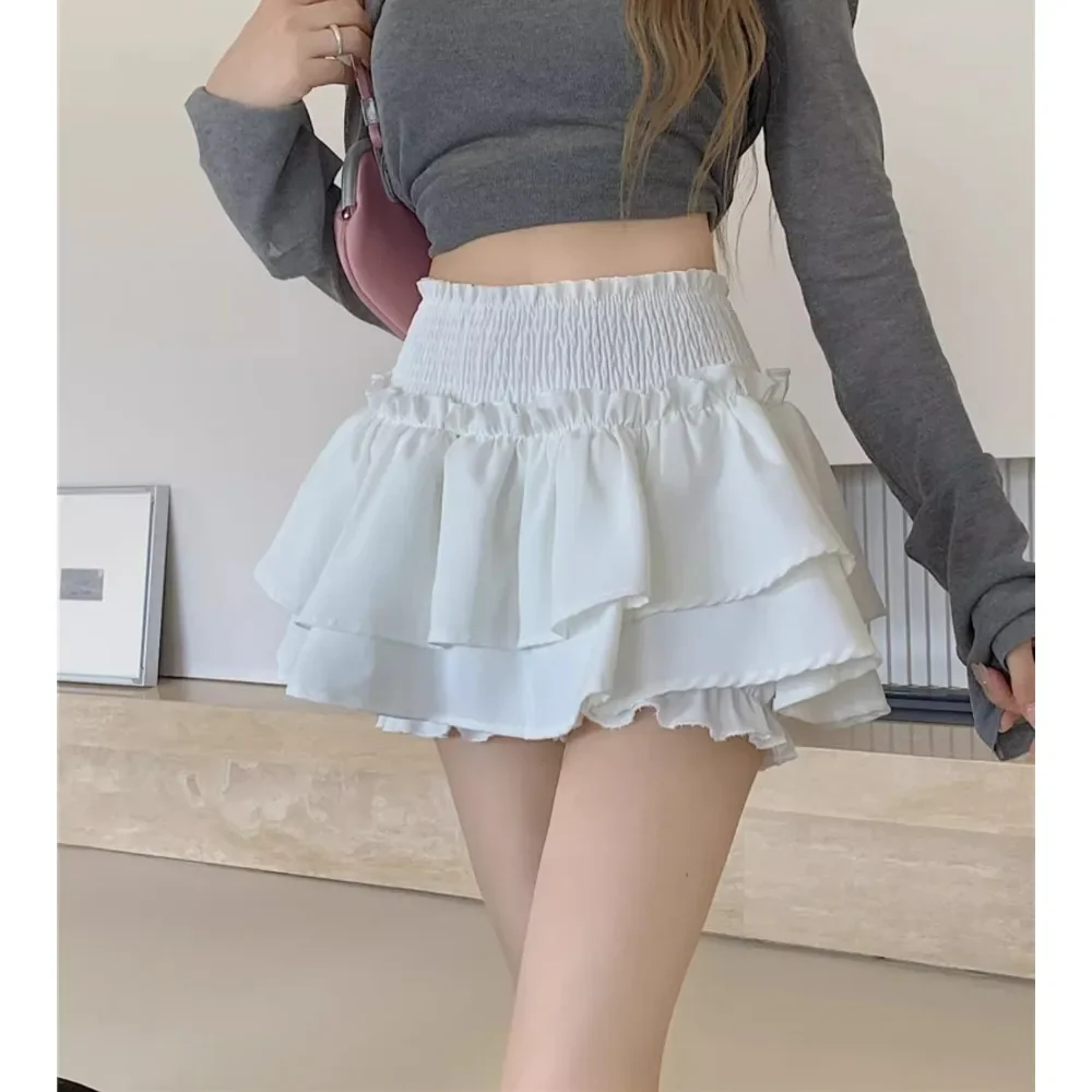

2025 Summer New Kawaii White Ruflles Skirt Women Fashion Slim Fit Mini Skirts Giris All Match Elastic High Waist