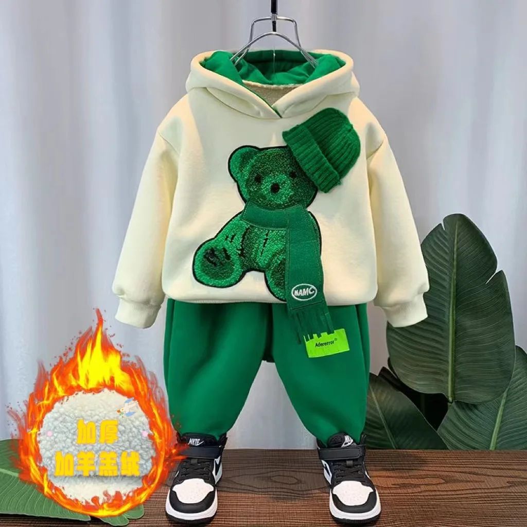 Winter Thicken Lamb Wool Baby Girl Boy Clothes Set Children Sports Cartoon Bear Sweatshirt Top+Pants 2 Pcs Suit Cotton Tracksuit