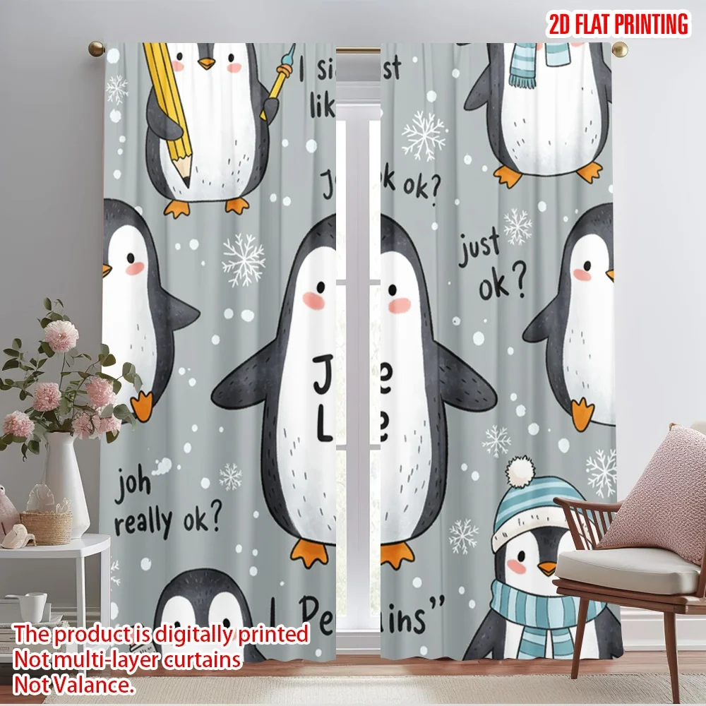 

2pcs 2D flat printing Curtain Penguins Like Snowflakes Gift Polyester Without Electricity Festive Curtains Perfect for Indoor